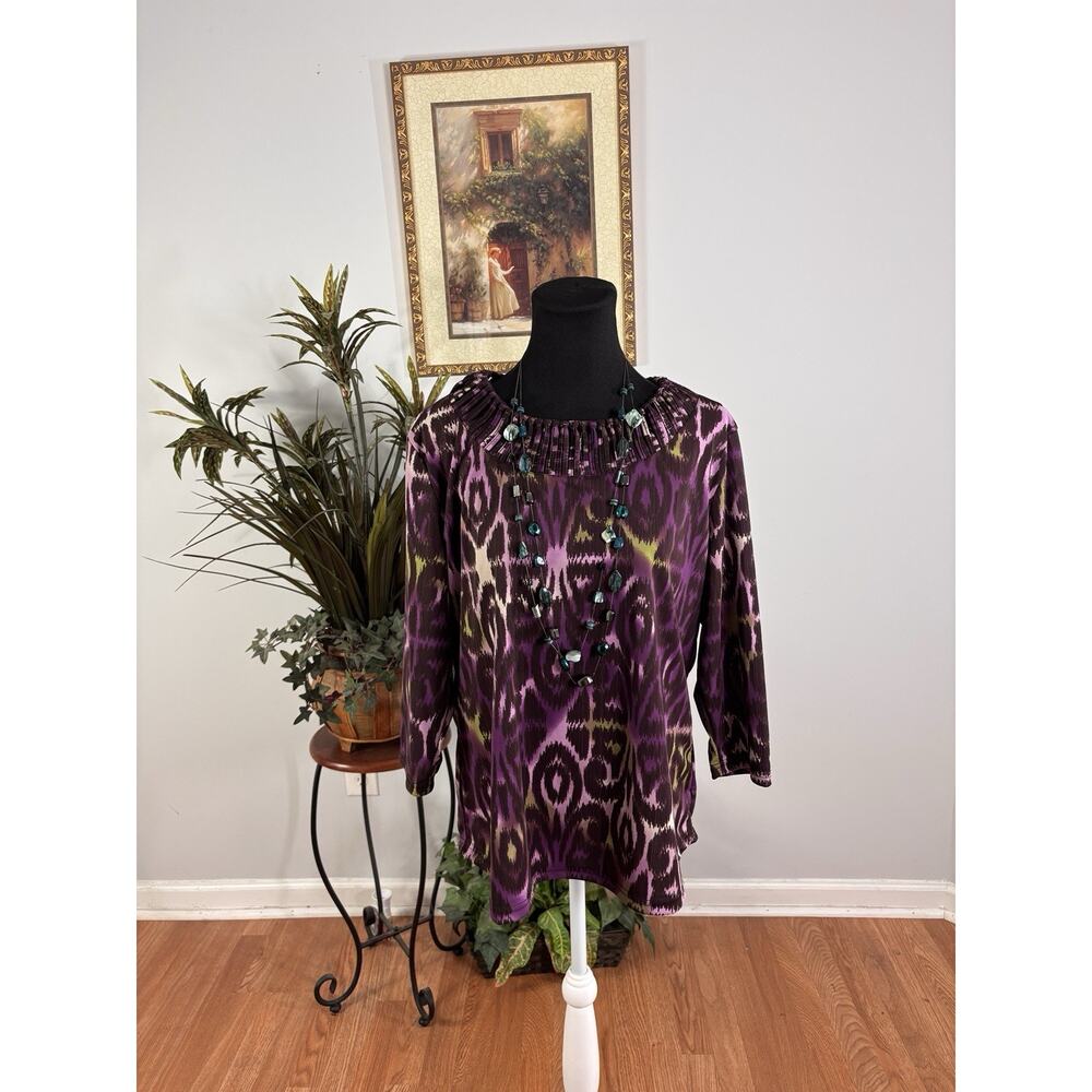 Multiples Women Top PXL 3/4 Sleeve Pullover Boho Tropical Vacation Resort‎ Y2K